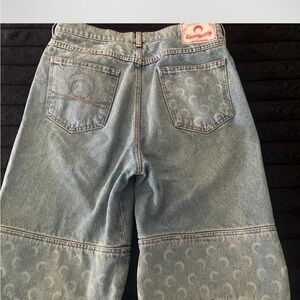Marine Serre Blue Flare Jeans with Crescent Design